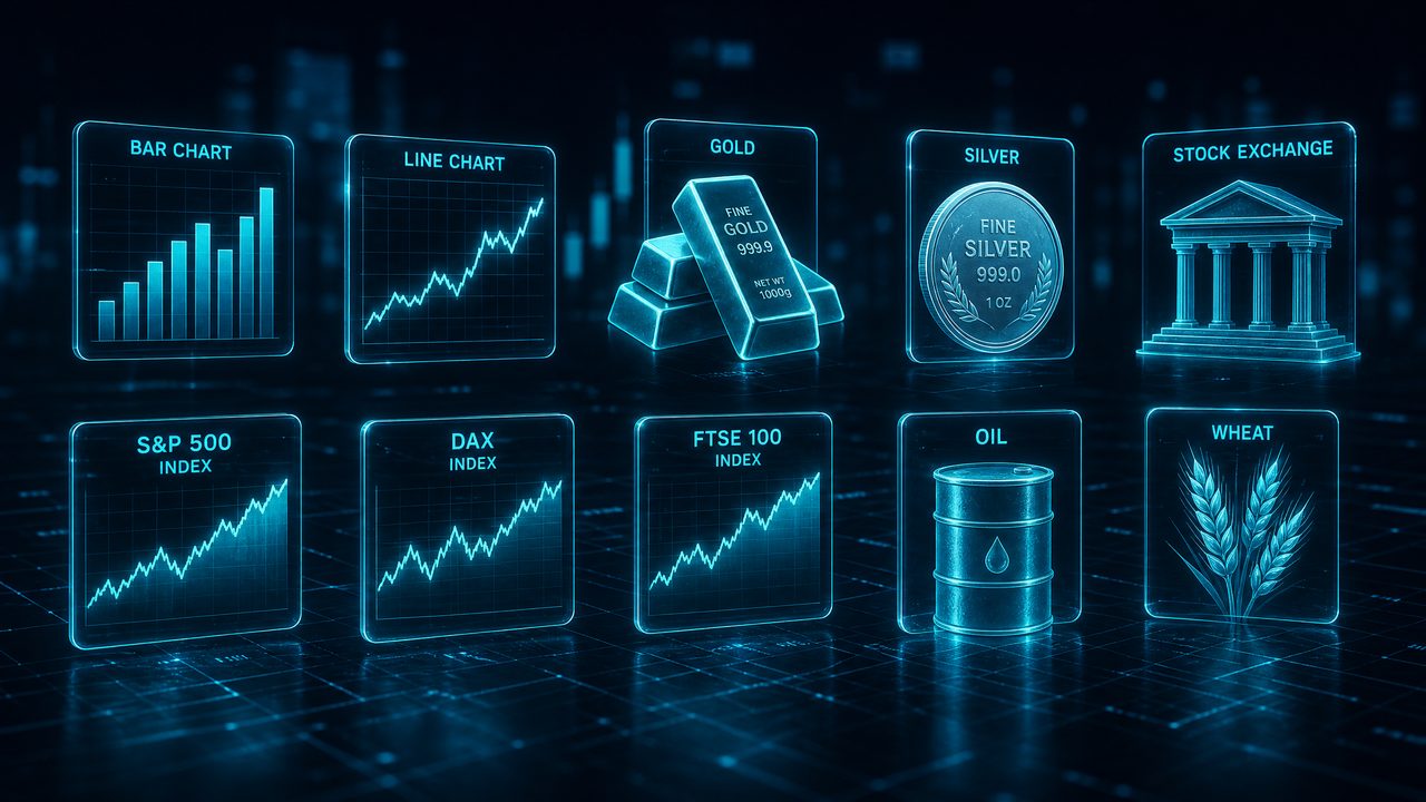 3D holographic icons representing tradable assets: stocks, gold bars, silver coins, S&P 500 index, DAX, FTSE 100, oil barrel