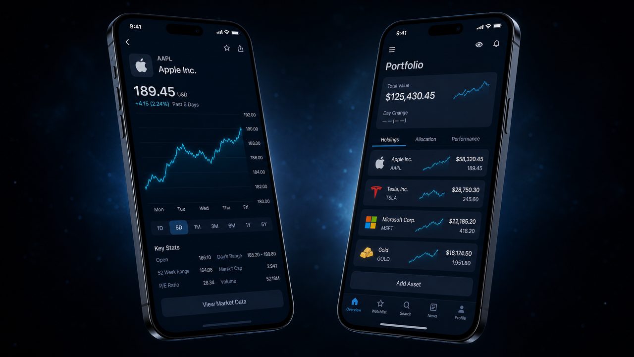 Stockity mobile trading app on two smartphones showing linear stock charts and portfolio dashboard