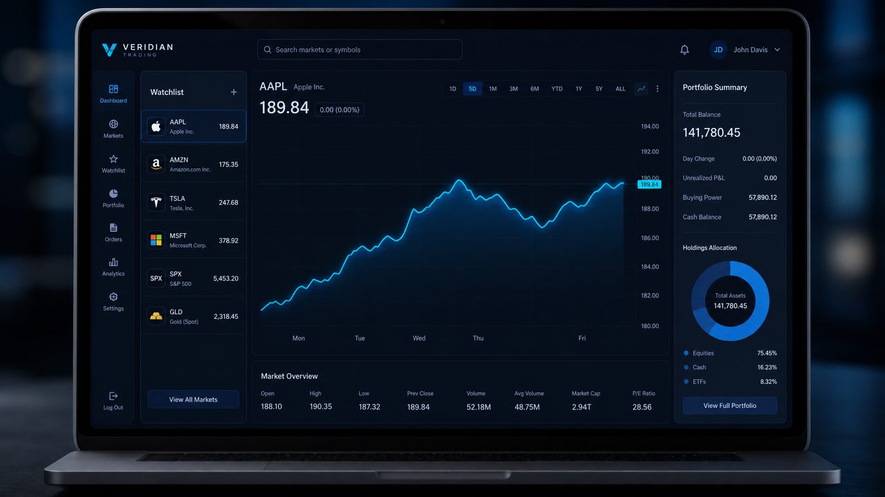 Stockity trading platform showing a linear stock chart for Apple on a dark interface with portfolio summary